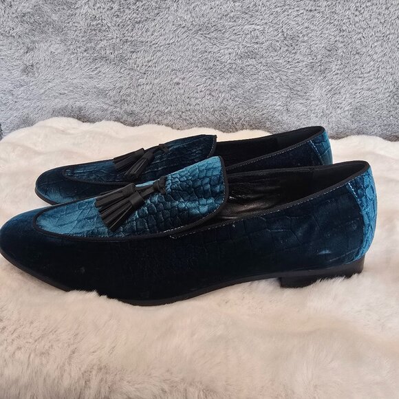 Kurt Geiger Men's Henry Croco Velvet Tassel Loafers Teal Sizes NEW Formal - Picture 1 of 11